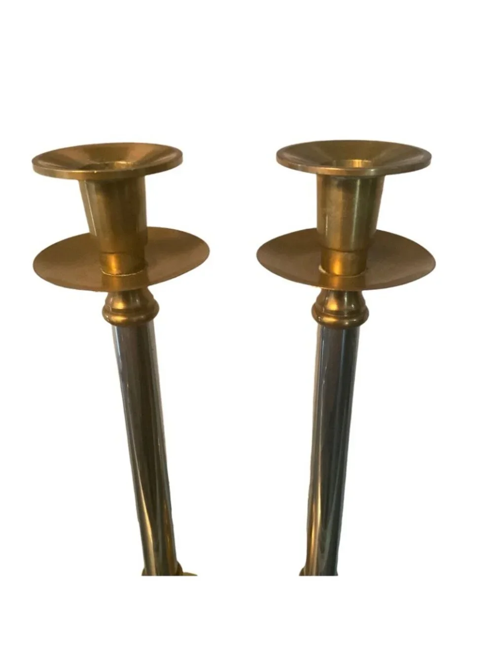 Vintage Brass & Steel Taper Candlesticks Pair 12 inches Tall Mantel Shelf Decor